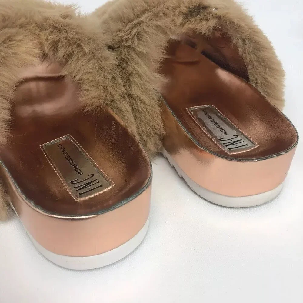 INC International Concepts Womens Alani Footbed Sandals Tan Faux Fur 5M